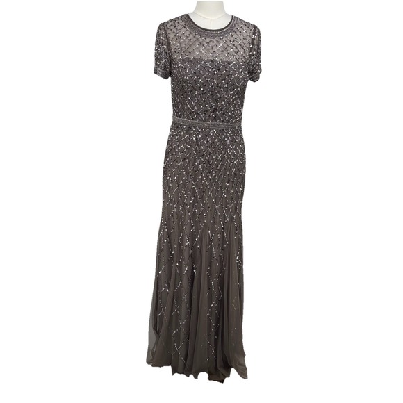 Adrianna Papell Womens Beaded Gown 8 Taupe Mesh Feminine Elegant Wedding NYE - Picture 1 of 9